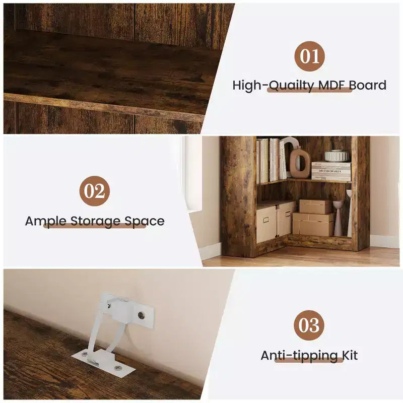 Libreria angolare a 5 ripiani a forma di L, in stile retrò, Bianco/Nero/Legno, singola