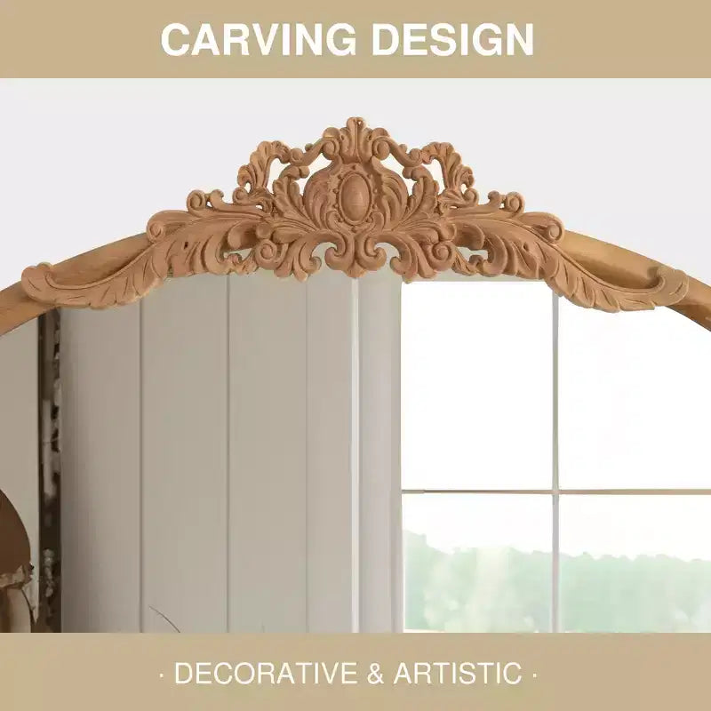 Specchio da parete marrone con cornice in legno ad arco intagliata classica e base in rattan, 37 pollici L x 71 pollici A