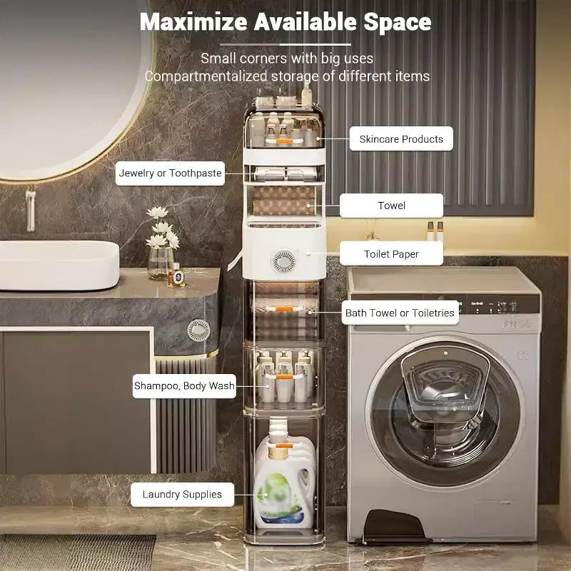 Mobiletto Bagno Sottile, Armadietto Stretto a 7 Ripiani - con Organizer Impermeabili, Porta Fazzoletti e Ruote, Ideale per Bagno, Cucina, Lavanderia