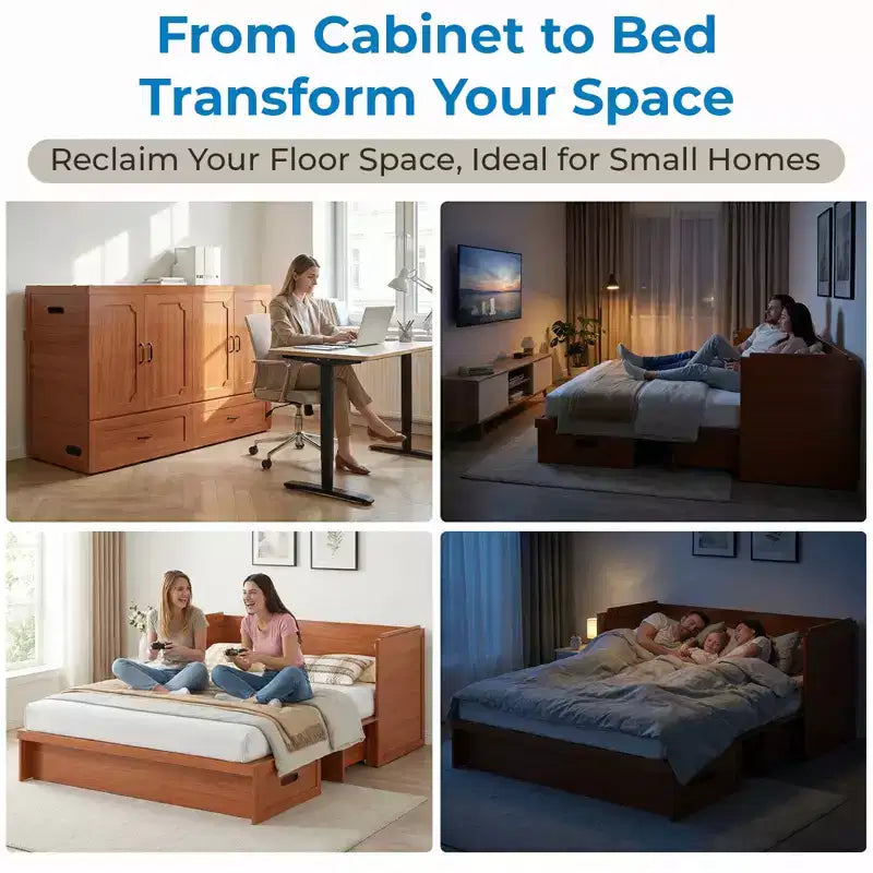 Mjkone Letto a Scomparsa Convertibile Matrimoniale Queen Size con Ricarica USB, Cassetti Contenitori, Materasso Escluso