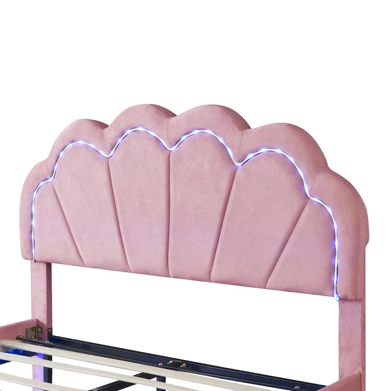 Comodino a 2 Pezzi Letto a Piattaforma Matrimoniale a LED con Pouf Contenitore