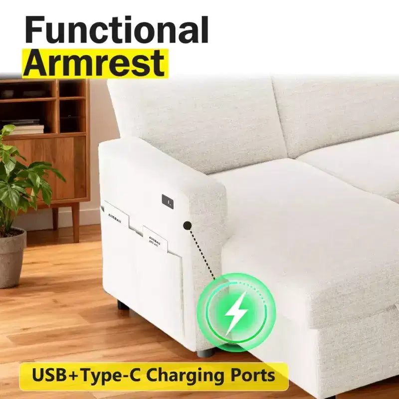 Divano Letto Estraibile 2 in 1 con Chaise Longue Contenitore, Divano Componibile in Ciniglia con Porte USB per Soggiorno