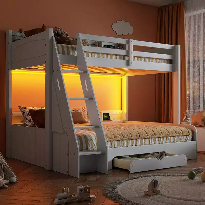 Letto a Castello con Letto Matrimoniale a Una Piazza e Mezza, con Contenitore, Luci a LED e Stazione di Ricarica, Letto a Castello in Legno con Scaffali Laterali per Bambini e Ragazzi