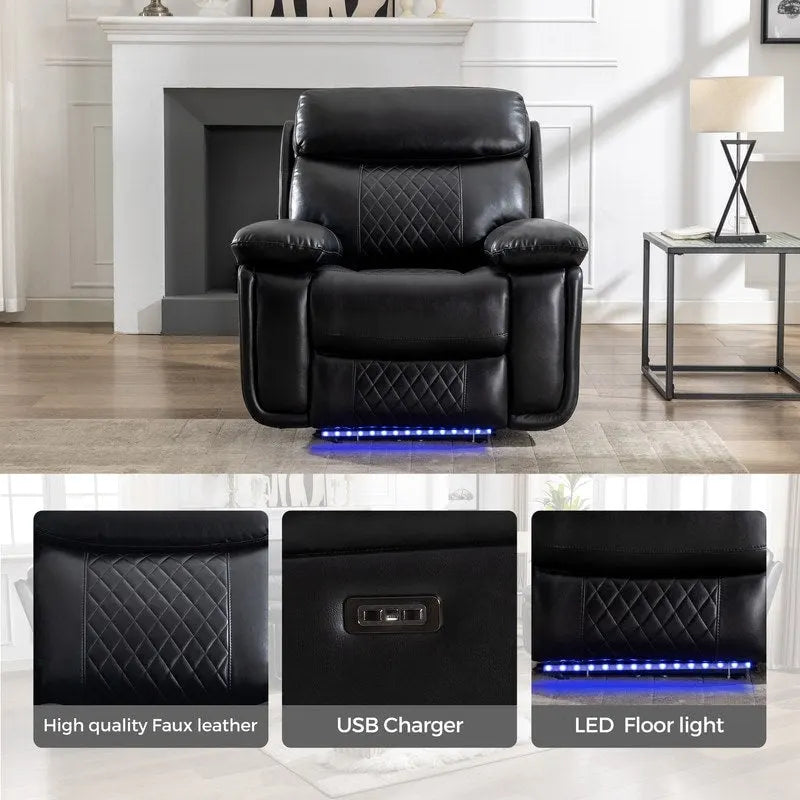 Divano reclinabile elettrico con caricabatterie wireless, luce di lettura, luce LED per soggiorno, similpelle, porta AC/USB, portabicchieri, nero