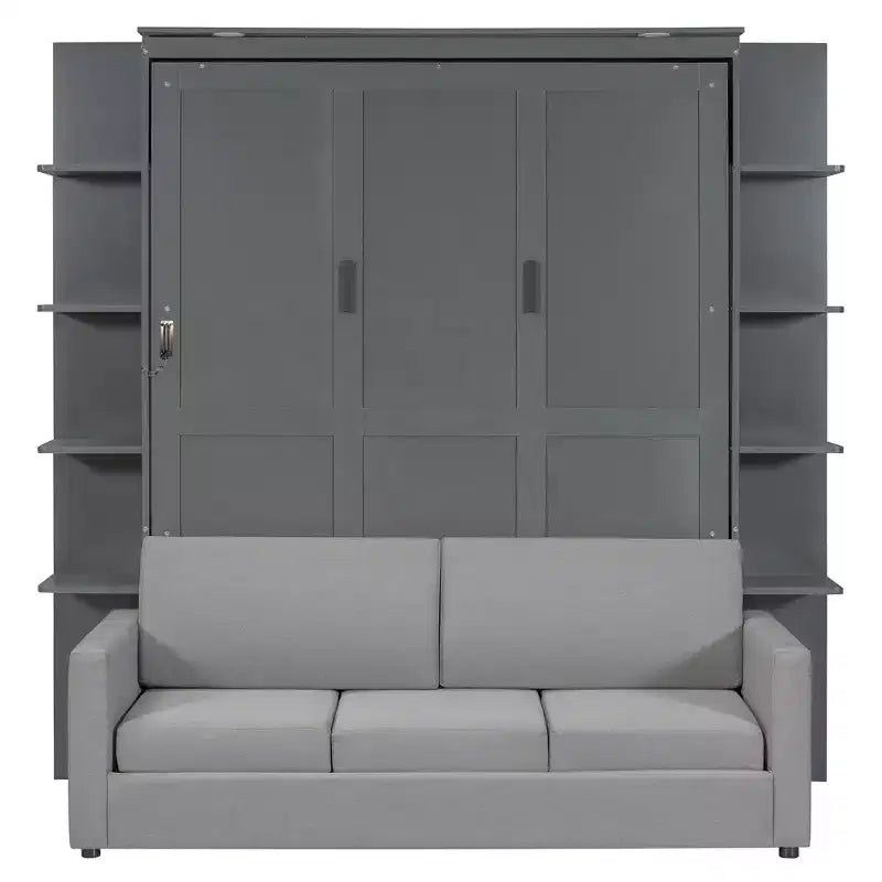 Letto a scomparsa Queen Murphy con divano, letto a scomparsa Queen Size con armadio, letto a parete pieghevole con libreria e mensole per camera degli ospiti o ufficio