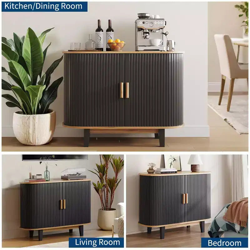 Mobile credenza a coste da 40'', armadio contenitore con anta scorrevole e ripiano regolabile, credenze moderne, mobile bar a serrandina