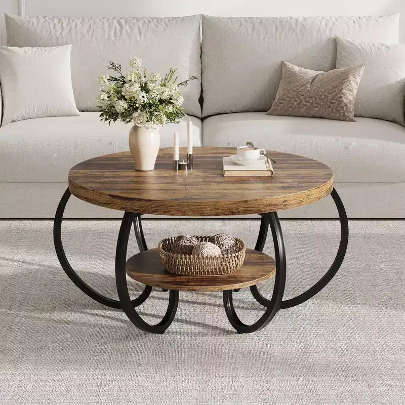 Tavolino Industriale Rotondo da 30 Pollici a 2 Livelli con Piedini Regolabili Ripiano Effetto Legno Design Fiamma Facile da Montare Soggiorno