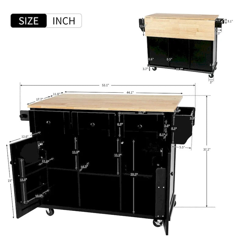 Carrello da Cucina con Piano a Ribalta in Legno di Gomma