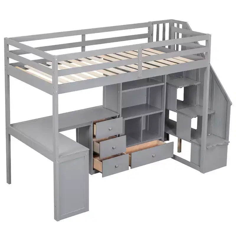 Letto a soppalco singolo con scrivania a L, 3 cassetti, armadio, contenitore per scale, struttura in pino massiccio/MDF