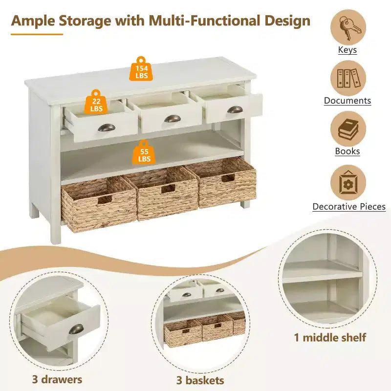Consolle da Ingresso con Contenitore, Tavolo da Ingresso Stile Rustico con 3 Cassetti e 3 Cesti in Giacinto d'Acqua per Soggiorno o Ingresso - Panipeachy
