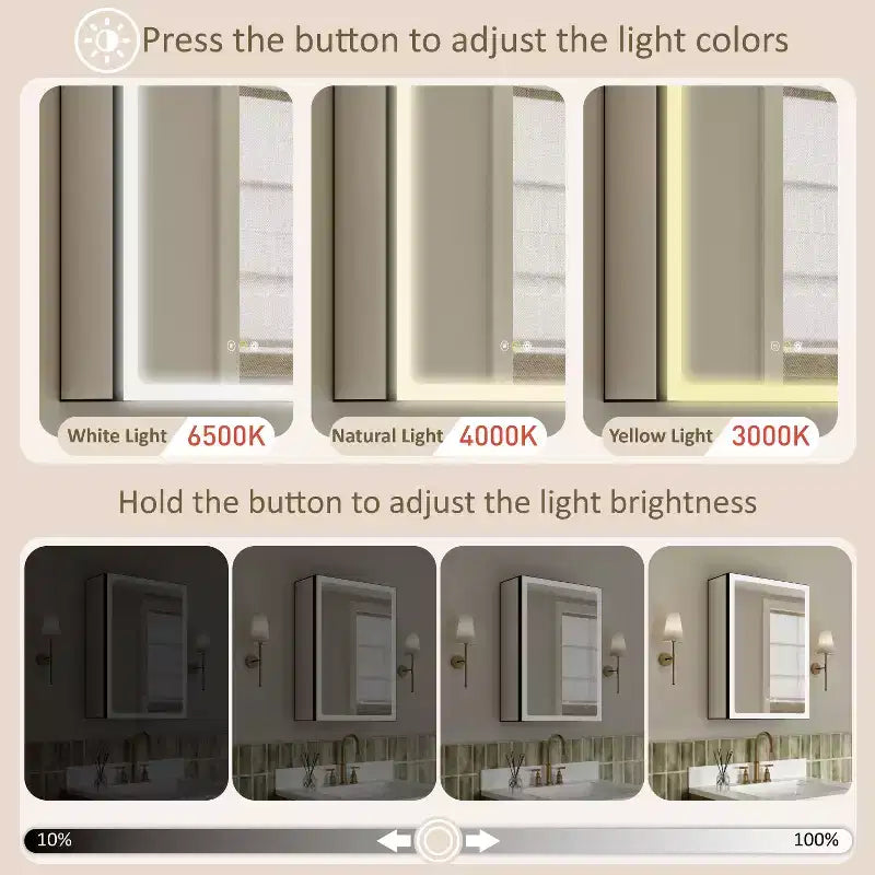 Pensile da Bagno con Specchio LED, Montaggio a Superficie o Incasso, Luce Dimmerabile, Antiappannamento, Ripiani Regolabili