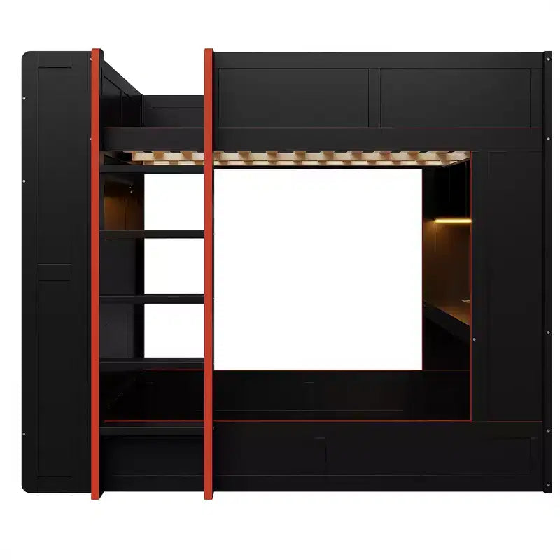 Letto a castello da gaming in legno a grandezza naturale con scrivania integrata, mensole, luci LED a 7 colori e stazione di ricarica, nero - ModernLuxe