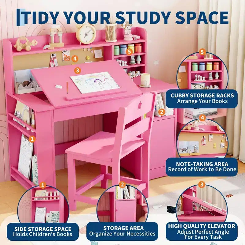 Set scrivania e sedia per bambini con contenitore, scrivania per bambini con libreria e inclinabile, per 3-8 anni, tavolo da scrittura per studenti per la cameretta