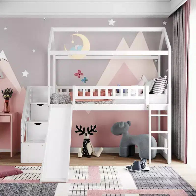 Letto a soppalco a castello con scivolo e scale, letto a soppalco con cassetti contenitori, letto a soppalco in legno a capanna per bambini e neonati
