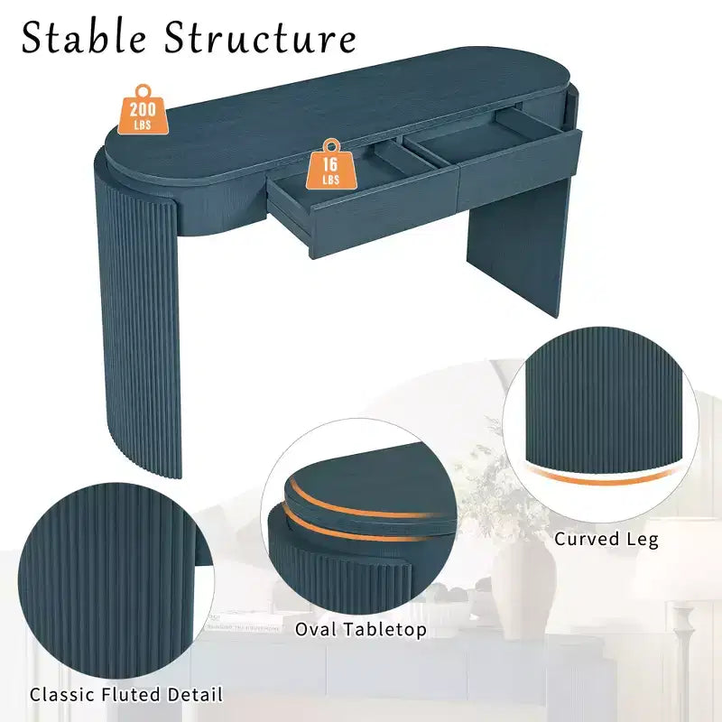 Tavolo consolle moderno Merax con piano ovale, gambe curve scanalate e due cassetti nascosti