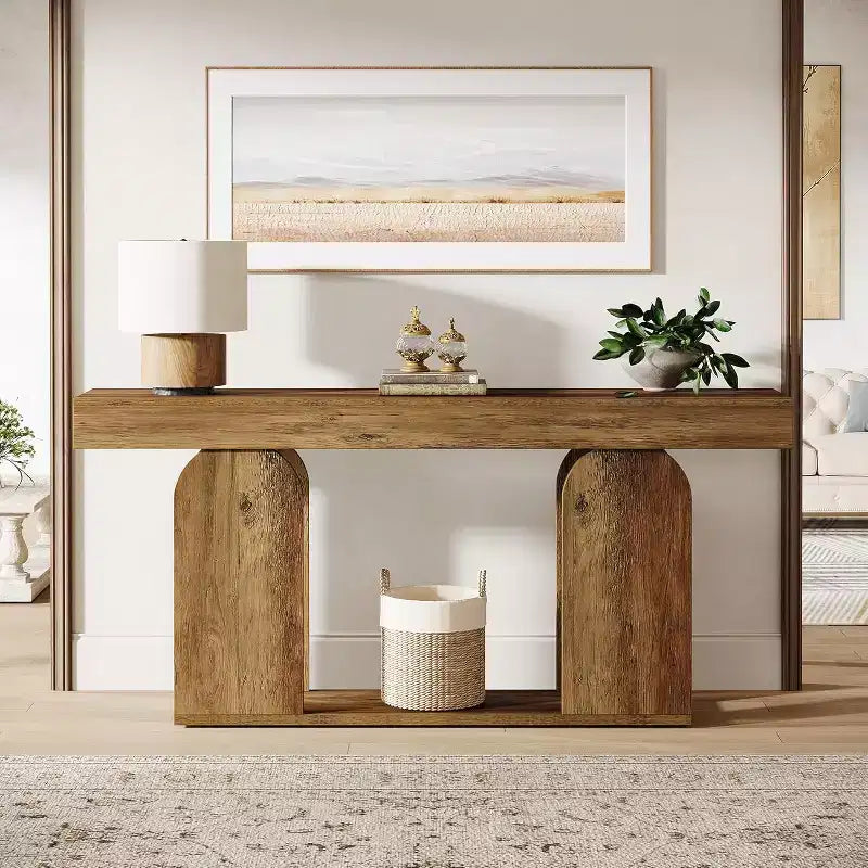 Tavolo consolle Lantine extra lungo da 180 cm in stile rustico con ripiano portaoggetti in legno a 2 livelli, adatto per corridoio, soggiorno, ingresso, marrone vintage.
