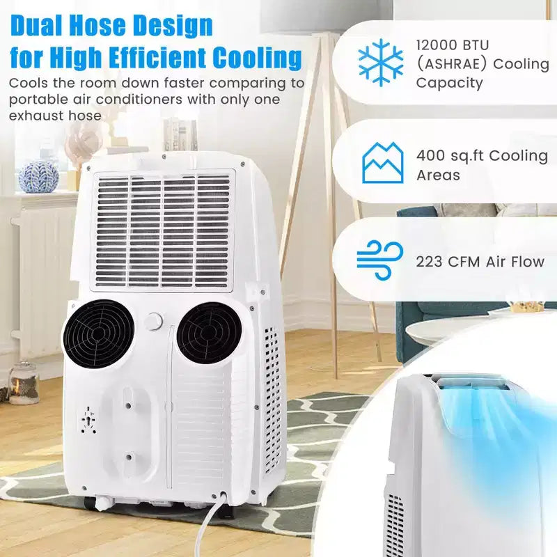 Costway Climatizzatore Portatile a Doppio Tubo da 8000 BTU (11.500 BTU ASHRAE) Unità AC 3-in-1 con Telecomando