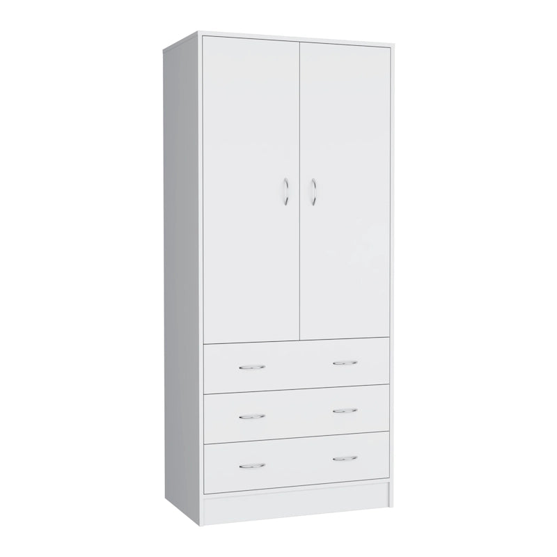 Armadio moderno a due ante con 3 cassetti e 1 bastone appendiabiti per camera da letto