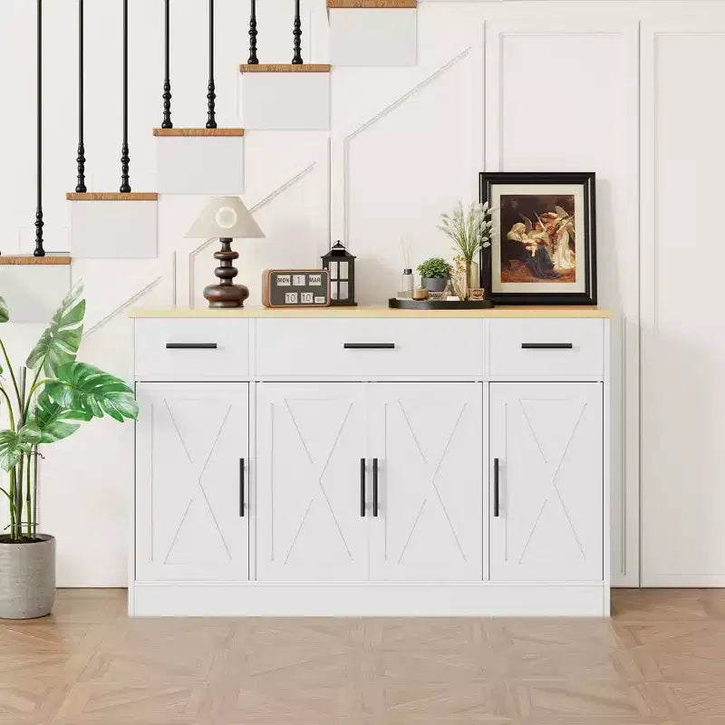 Mobile Buffet Celebalcony con Contenitore, Grande Mobile Contenitore da Cucina da 53,4 pollici con 3 Cassetti e 4 Ante, Ripiano Regolabile per Cucina, Soggiorno