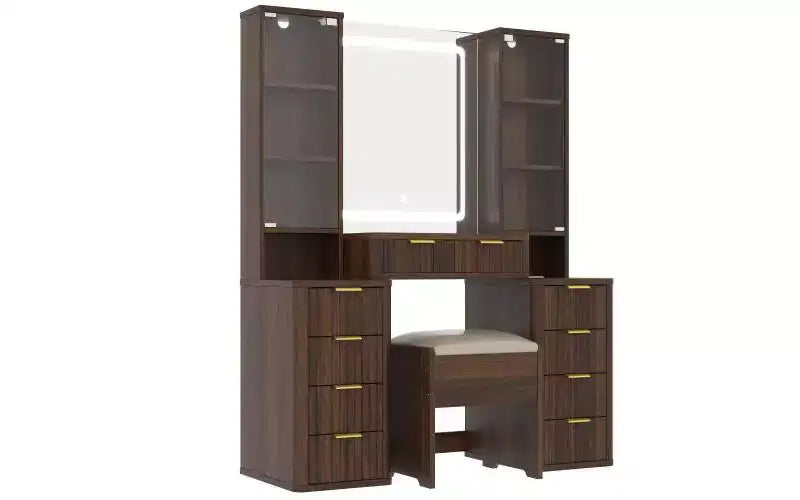 JVNOXK Set Toeletta Moderno da 43,5 Pollici con Specchio e Luce, con Cassetti e Mobiletto in Vetro Trasparente, Include Sgabello e Stazione di Ricarica, Marrone