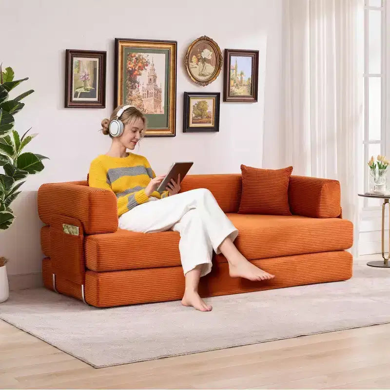 Canapé convertible, matelas pliant 5-en-1 de 78,8 po, cadre en acier à forme fixe, velours côtelé avec oreillers
