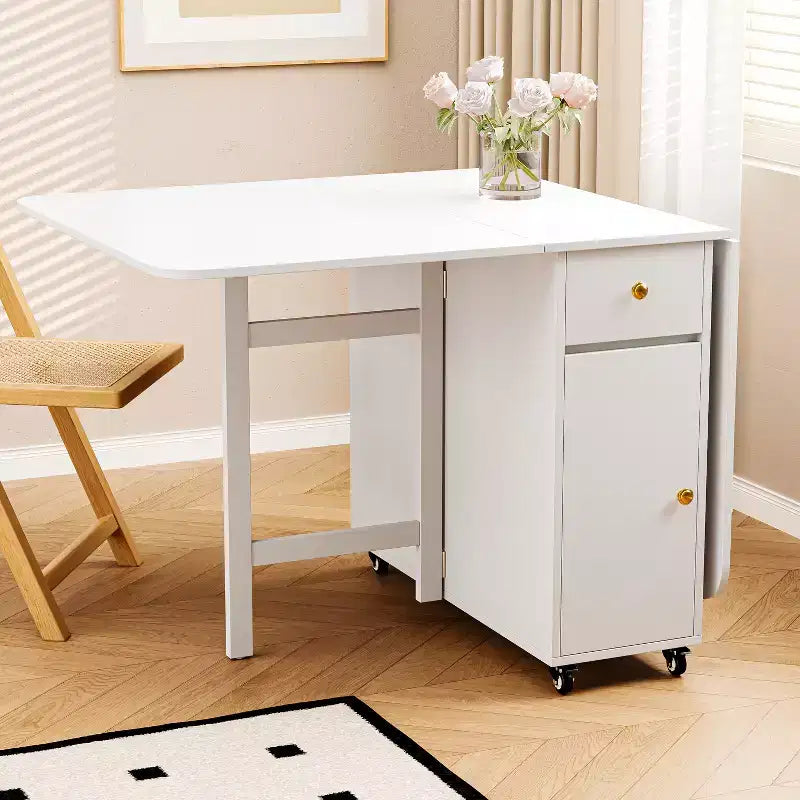 ATJafurn Tavolo da Pranzo Pieghevole da 150 cm con Ante a Scomparsa Salvaspazio, Tavolo da Cucina Rettangolare Allungabile in Legno con Ruote e Contenitore