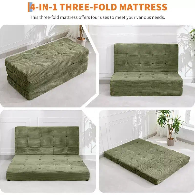 SunnyFurn Materasso a Tre Pieghe da 6 Pollici per Divano Letto, 75X54.3 Letto Pieghevole in Schiuma per Ospiti con Tessuto a Coste Trapuntato, Portatile per Campeggio, Soggiorno, Camera da Letto