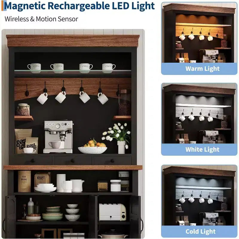 Mobile bar da caffè in stile rustico alto 72 pollici con luci LED, credenza da cucina con ante e cassetti, ripiani regolabili, ampio spazio di archiviazione