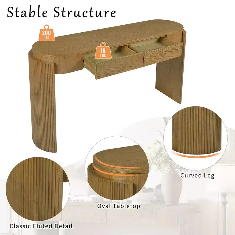 Tavolo consolle moderno Merax con piano ovale, gambe curve scanalate e due cassetti nascosti
