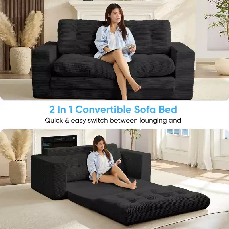 Mjkone Divano letto futon convertibile 2 in 1 da 180 cm, in tessuto a coste, pieghevole, con bottoni trapuntati, divanetto salvaspazio