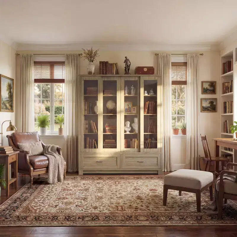 Libreria espositiva Famapy in rovere chiaro: 63W, ante scorrevoli in vetro + cassetto. Ampio organizer per biblioteche domestiche e soggiorni