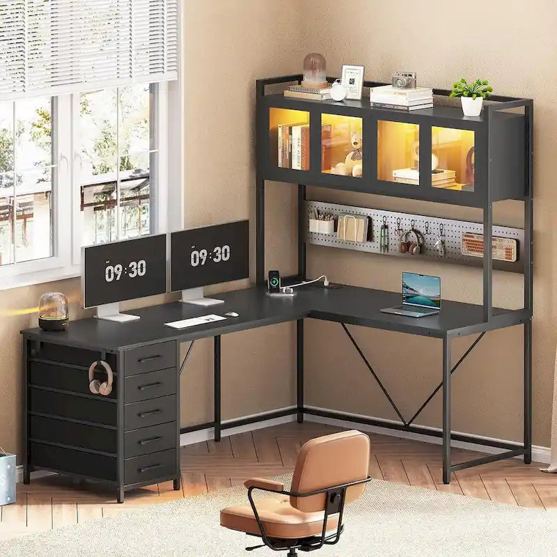 Bureau Gamer en L, Bureau d'Ordinateur avec Panneau Perforé, 5 Tiroirs et Étagère de Rangement