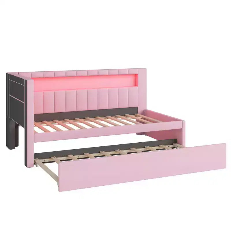 Letto da Giorno Twin/Full con Letto Estraibile e Testiera a Libreria a L, Letto Angolare Imbottito in Lino con Ripiani Portaoggetti e Cinghia a LED