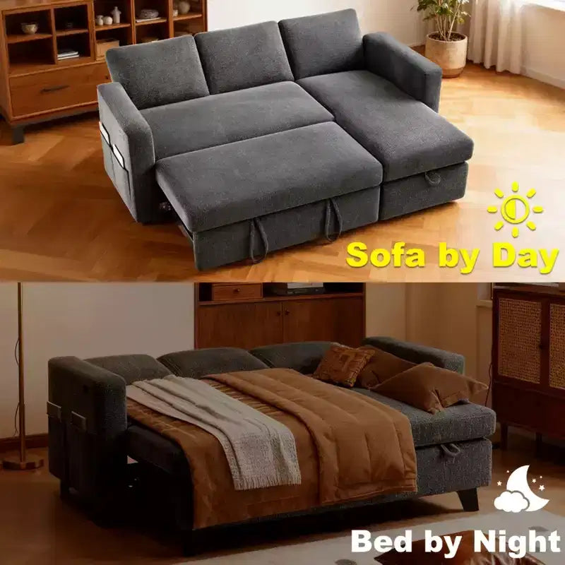 Divano Letto Estraibile 2 in 1 con Chaise Longue Contenitore, Divano Componibile in Ciniglia con Porte USB per Soggiorno