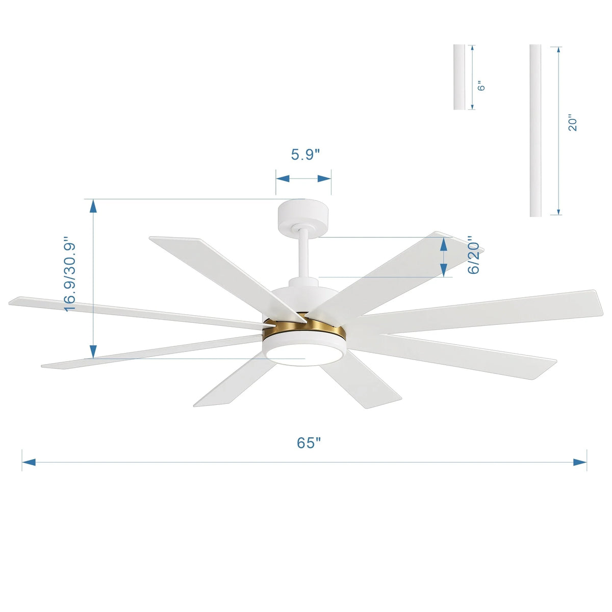 Ventilatore da soffitto nero da 65 pollici a 8 pale con luce LED e telecomando