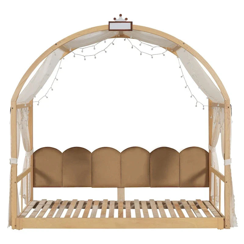 Letto a piattaforma in legno massiccio a forma di casetta, letto Montessori a terra con tetto ad arco e letto estraibile per bambine e bambini