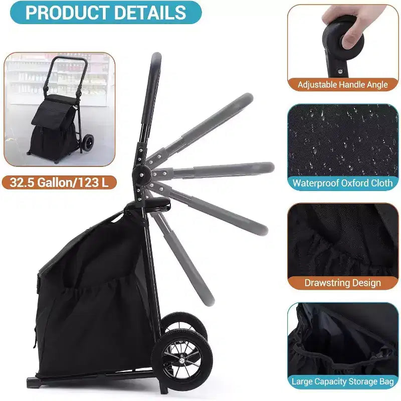 Carrello Portapacchi Pieghevole Acekool 2 in 1 con Borsa Impermeabile Rimovibile, Sedile Imbottito Spesso e Manico Antiscivolo Regolabile, Nero
