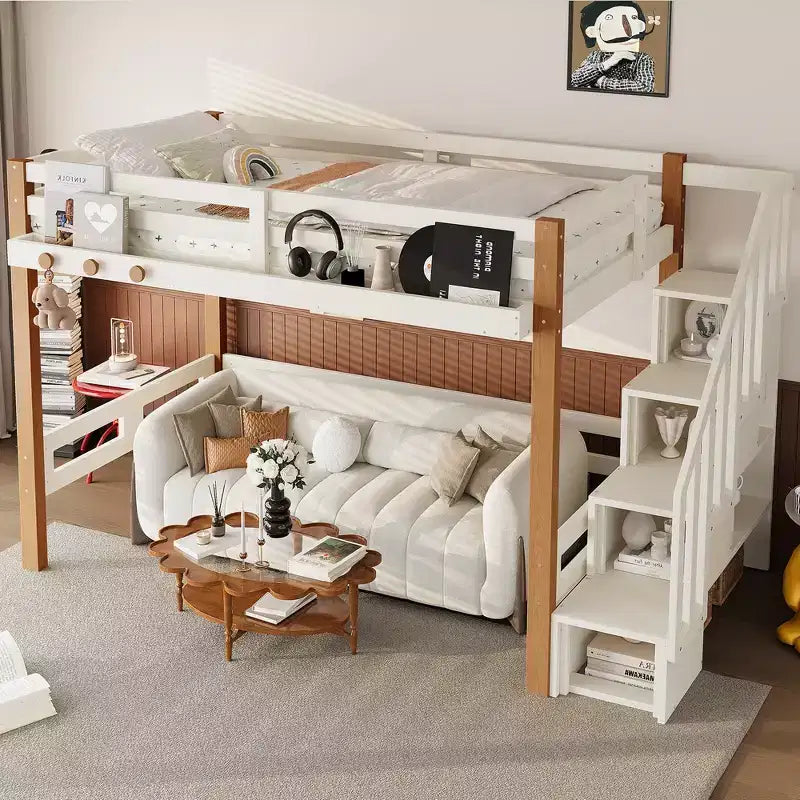 Letto a soppalco moderno con appendiabiti, mensole e spazio sotto il letto