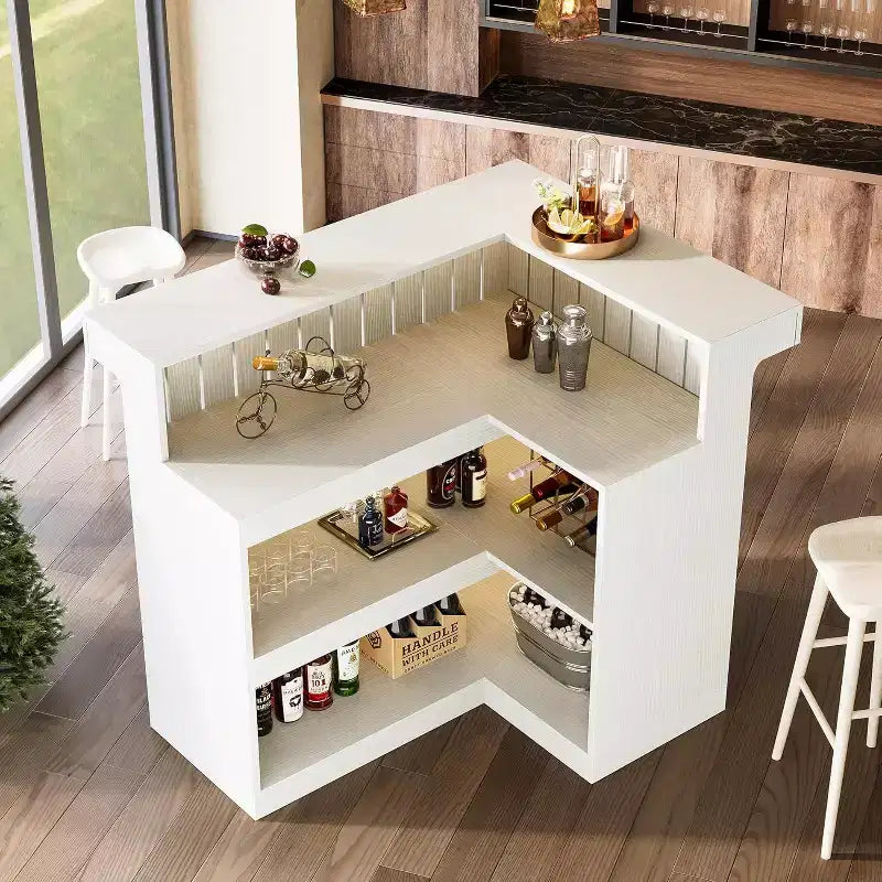 Mobile bar a L Lantine, tavolo da bar angolare a 4 ripiani con mensole e porta calici da vino per pub domestico