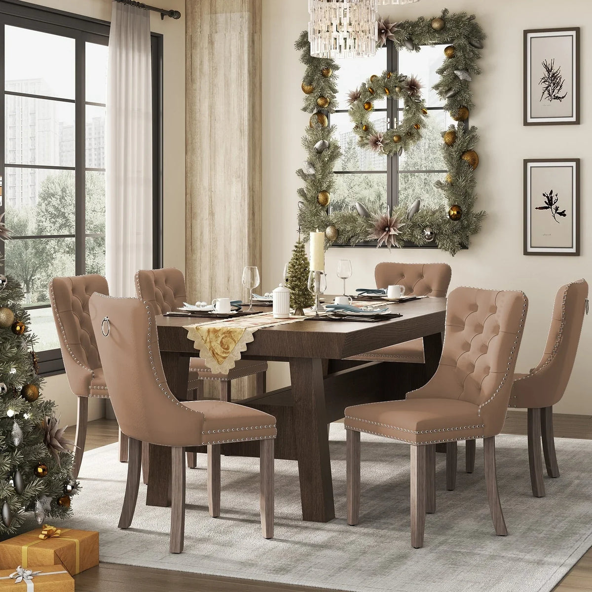 Sedie da pranzo imbottite in velluto trapuntato con gambe in legno massello, set da 6