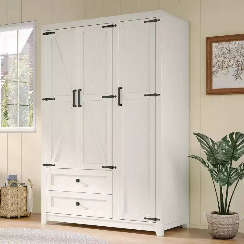 AMERLIFE Armoire de garde-robe de ferme 47 avec 3 portes, 2 tiroirs, tringle à vêtements et étagères réglables, organisateur de placard autoportant