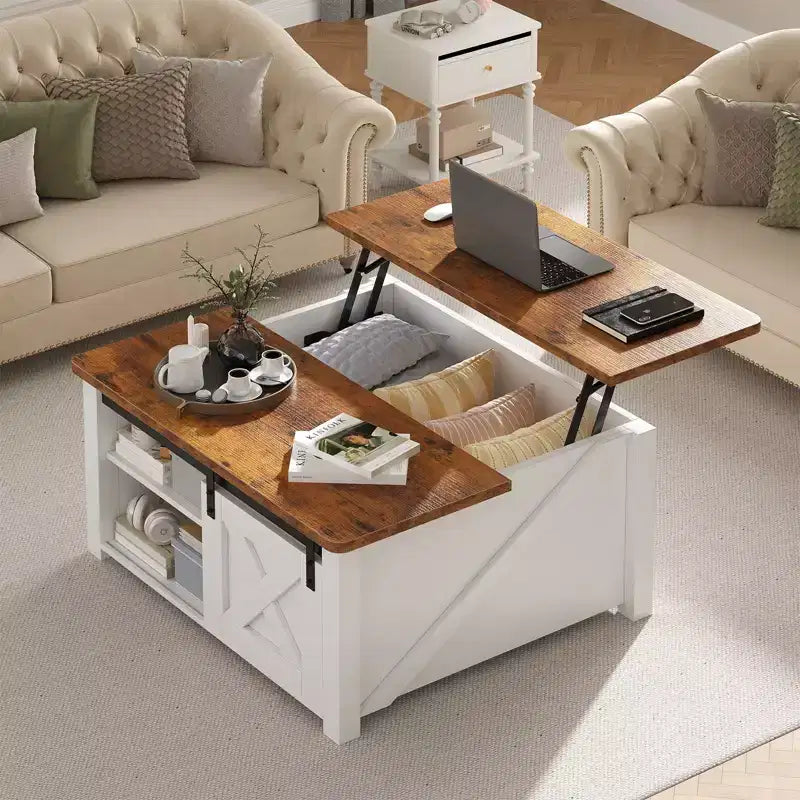 JIONJOY 31.5 Tavolino da Caffè con Piano Sollevabile, Ampio Vano Contenitore Nascosto, Scaffali Regolabili, Tavolo Centrale Quadrato in Stile Rustico per Soggiorno, Piccoli Spazi