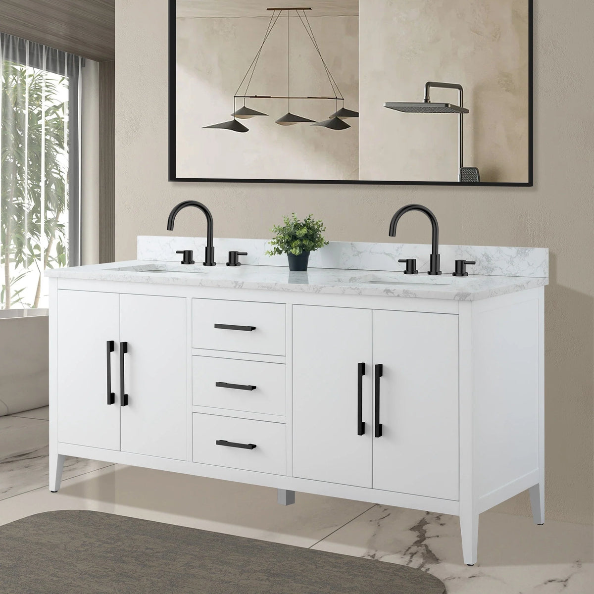 Mobile lavabo doppio Vanity Art 72 per bagno con piano in marmo composito