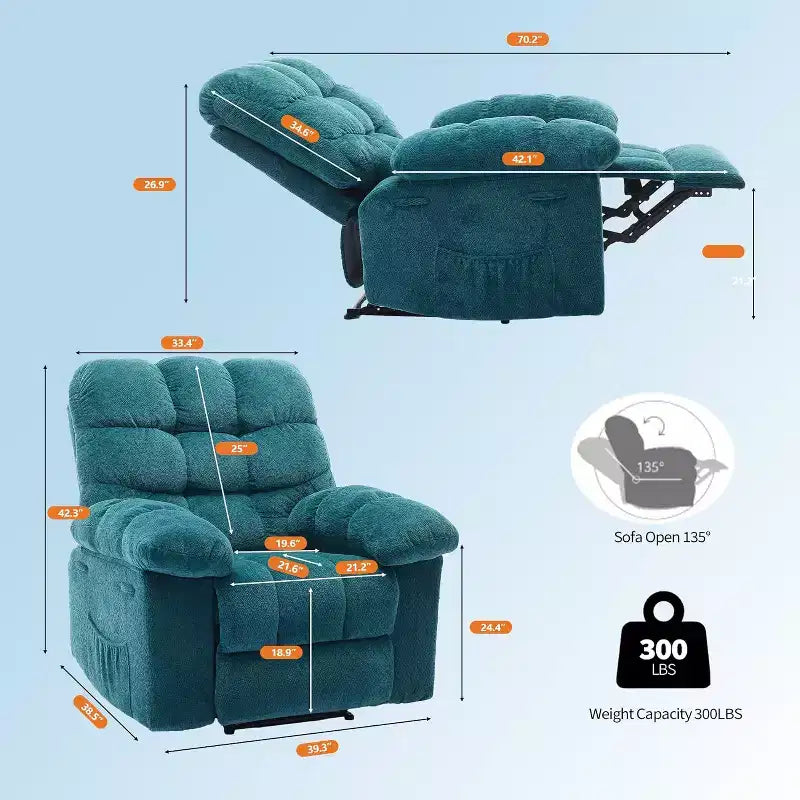 Poltrona reclinabile manuale, poltrona reclinabile ergonomica in tessuto traspirante con tasche laterali, divano singolo, adatta per soggiorno e camera da letto