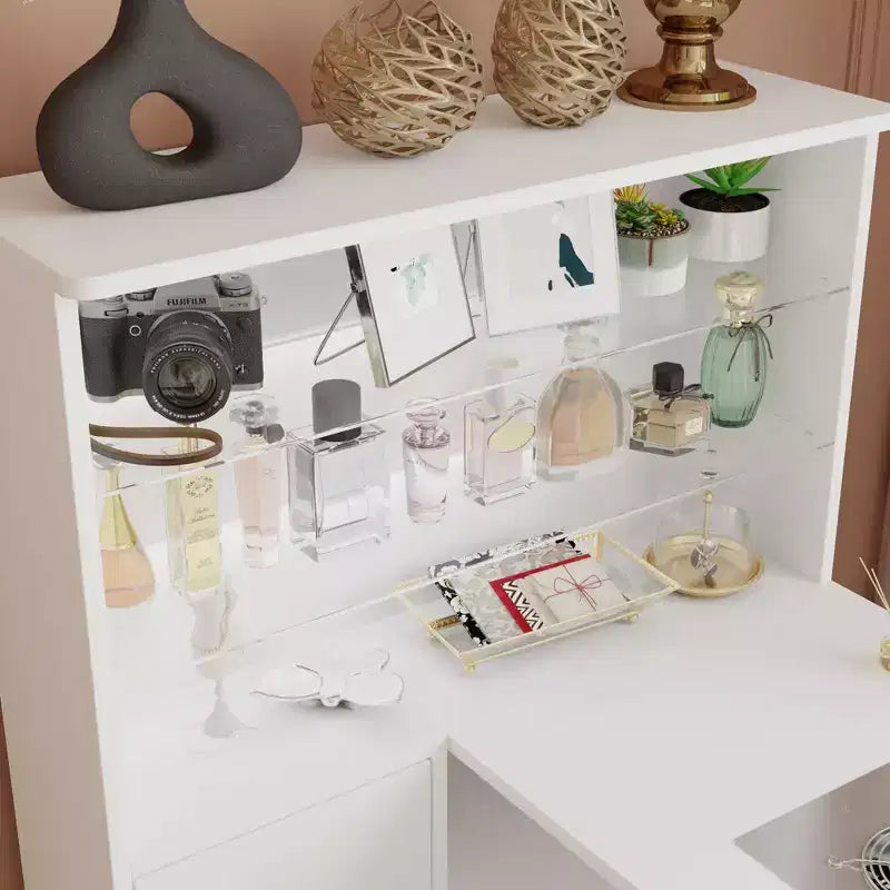 Tavolo Unghie Bianco con Aspiratore Integrato, Vetrina in Vetro Temperato, Maniglie Dorate, Postazione Salone Unghie, Tavolo Trucco