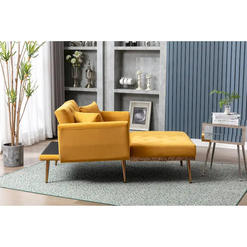 Divano letto-poltrona in velluto trapuntato con piedini color oro rosa per salotto