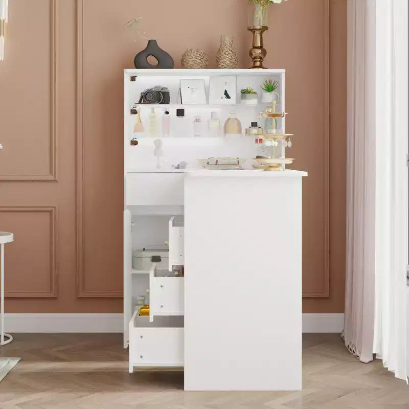 Tavolo Unghie Bianco con Aspiratore Integrato, Vetrina in Vetro Temperato, Maniglie Dorate, Postazione Salone Unghie, Tavolo Trucco
