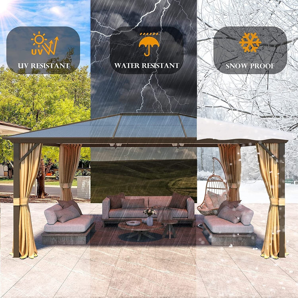 EROMMY Gazebo a tetto rigido, Pergola da esterno con doppio tetto, zanzariere e tende, Tenda da sole resistente per patio, cortile, feste in piscina