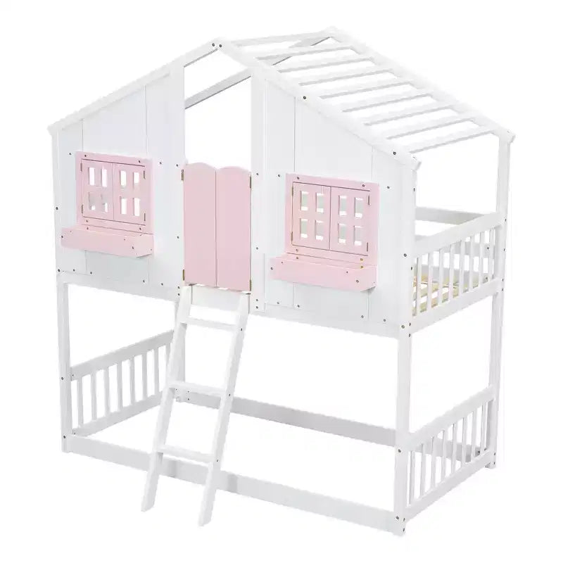 Letto a soppalco a forma di casetta con scaletta e spondine per bambini, in legno, misura singola