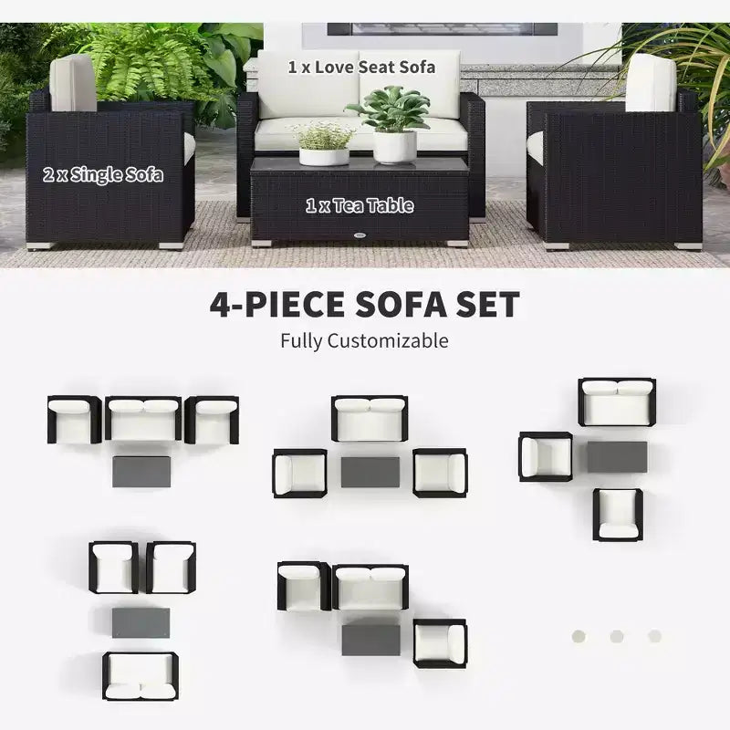 Set Divano in Rattan da 4 Pezzi, Set Divani da Esterno in Vimini con Divanetto Sedie Tavolino con Piano in Vetro per Giardino